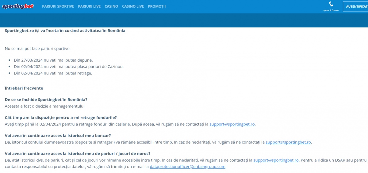 Sportingbet și-a închis site-ul și a publicat condițiile despărțirii de clienții din România