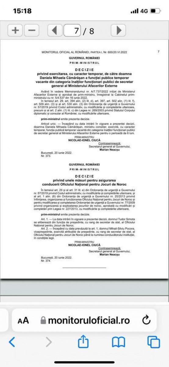 Decizia de eliberare din funcție a lui Simota și de numire a lui Pocora