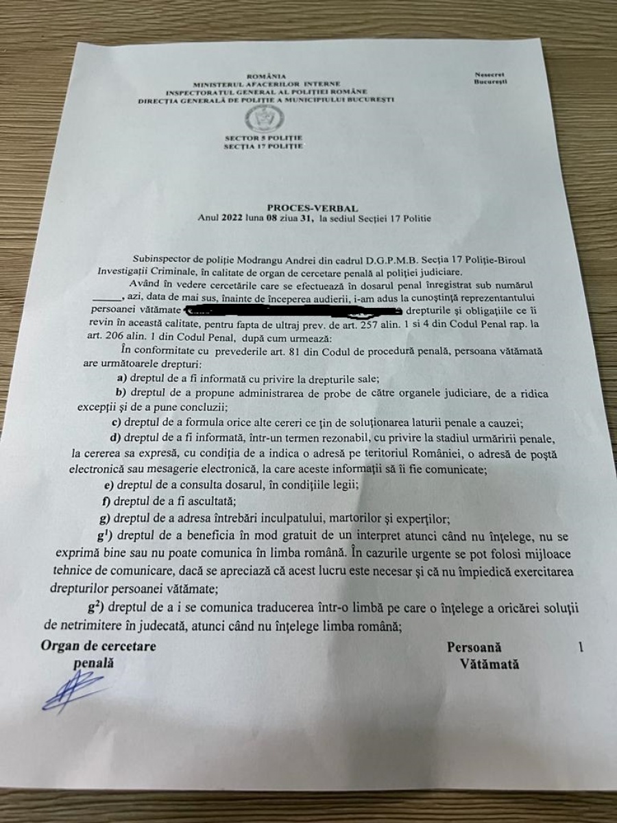 Prima pagină a procesul verbal întocmit de Poliție