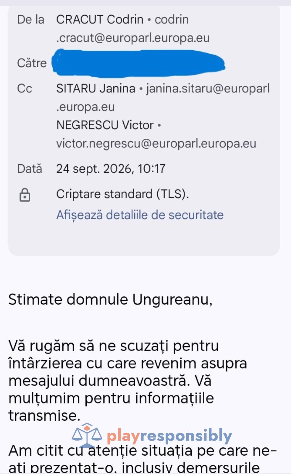 Răspunsul gol de conținut primit de un practicant de jocuri de noroc din România de la cabinetul europarlamentarului Victor Negrescu