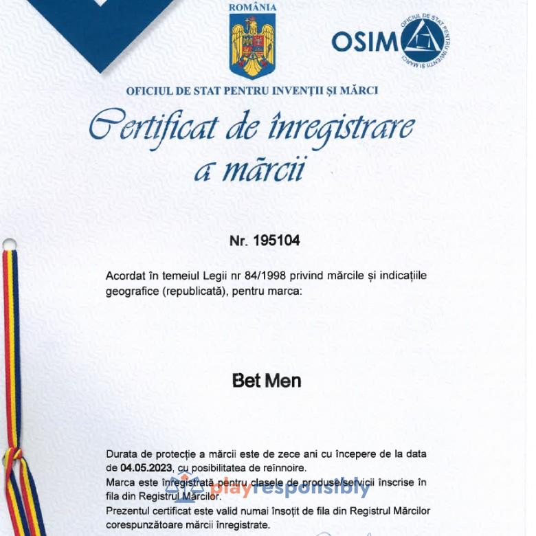 Documentul emis de OSIM care atestă dreptul de proprietate asupra brandului Bet Men